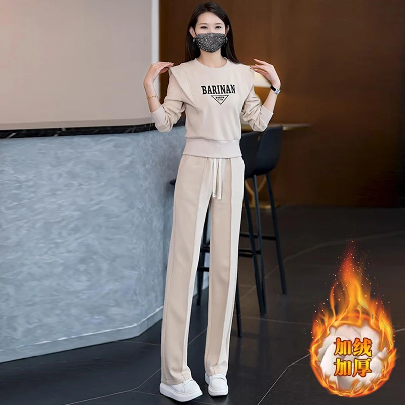 高含棉2025年秋冬时尚加绒加厚运动服套装女宽松卫衣阔腿裤两件套