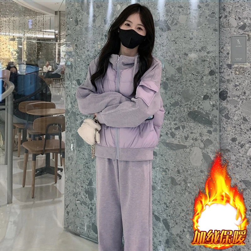 时尚休闲连帽棉服套装女2025年秋冬季新款宽松显瘦阔腿裤两件套潮