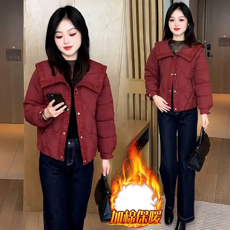 加棉加厚设计感娃娃领棉服女士2025年冬季新款小个子时尚减龄外套
