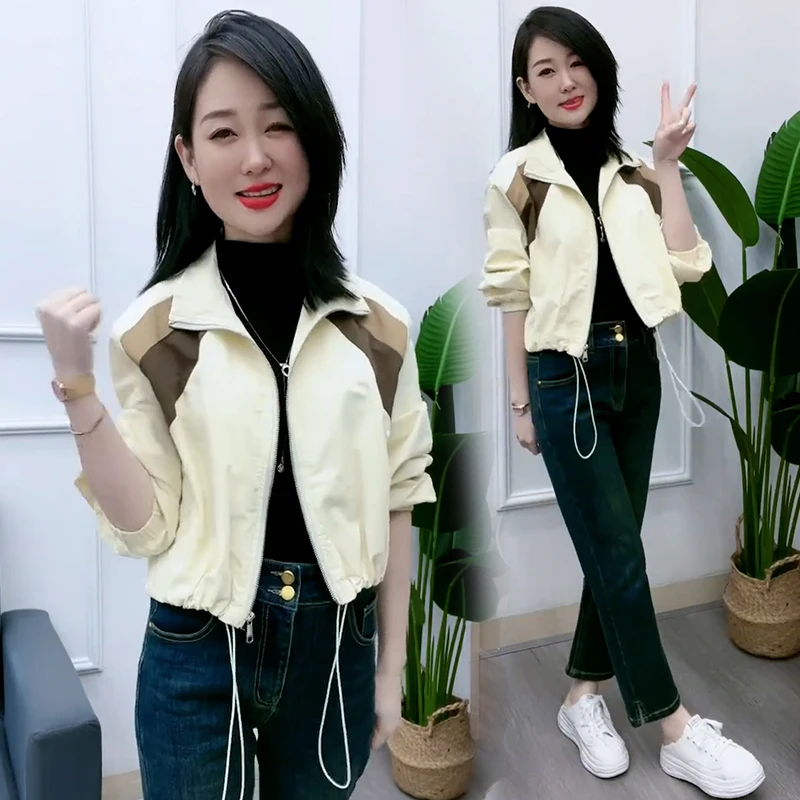 2025年春秋季新款美式半高领抽绳显瘦宽松小个子拼接撞色短外套潮