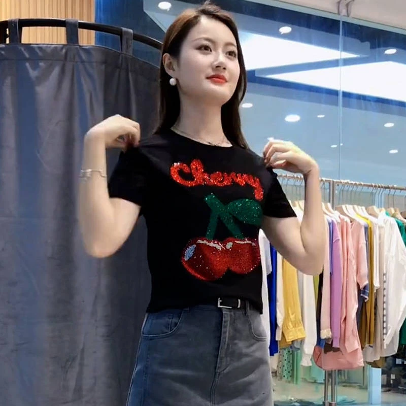 纯棉欧式高级感重工烫钻短袖圆领t恤女2023年夏季新款时尚百搭潮