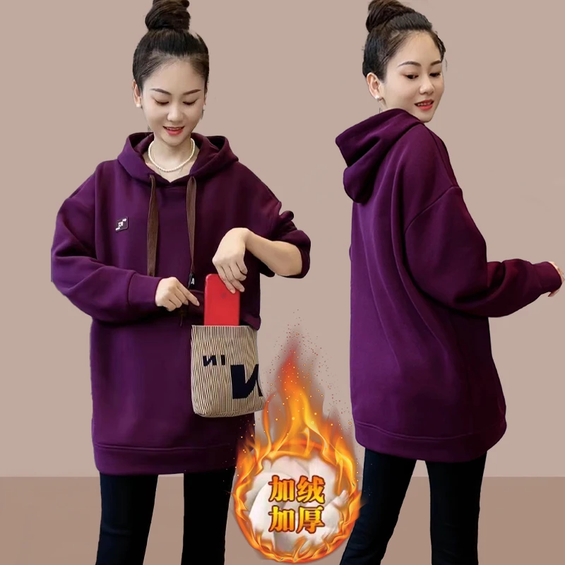 高含棉加绒加厚卫衣女2025年冬季新款大码宽松韩版中长款连帽上衣