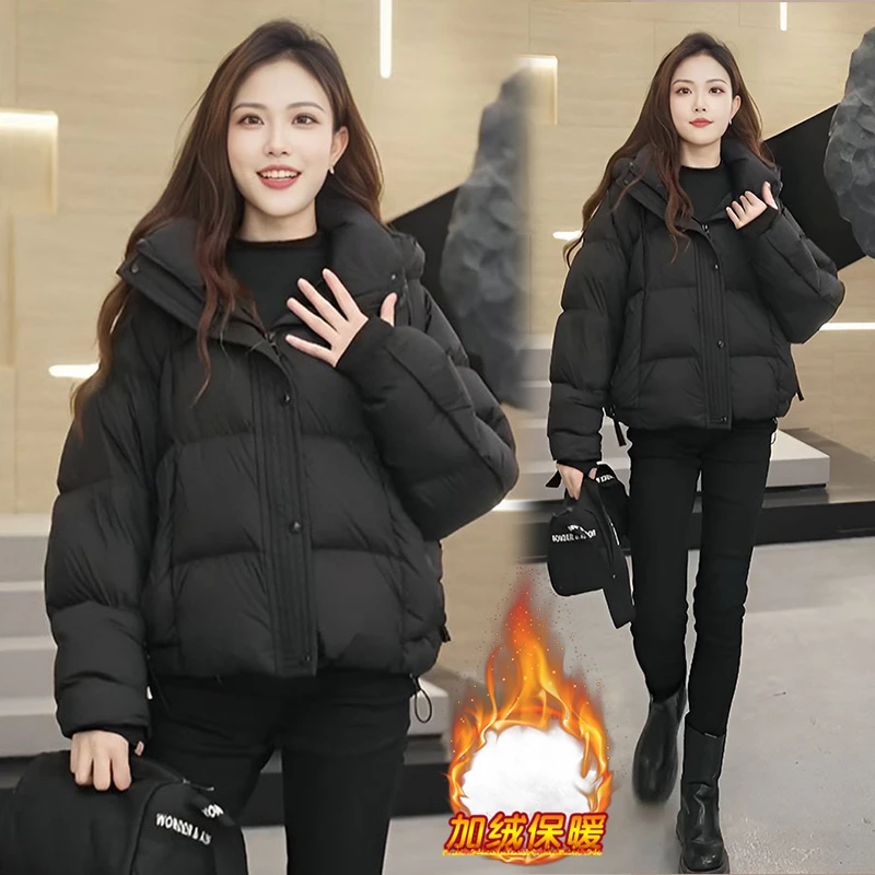 时尚减龄短款棉服外套女2025年小个子连帽宽松百搭加厚保暖面包服