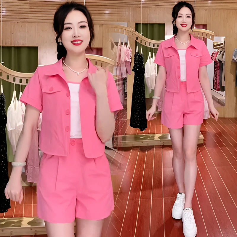 小个子时尚套装女2024年夏季新款休闲洋气减龄短袖开衫短裤两件套