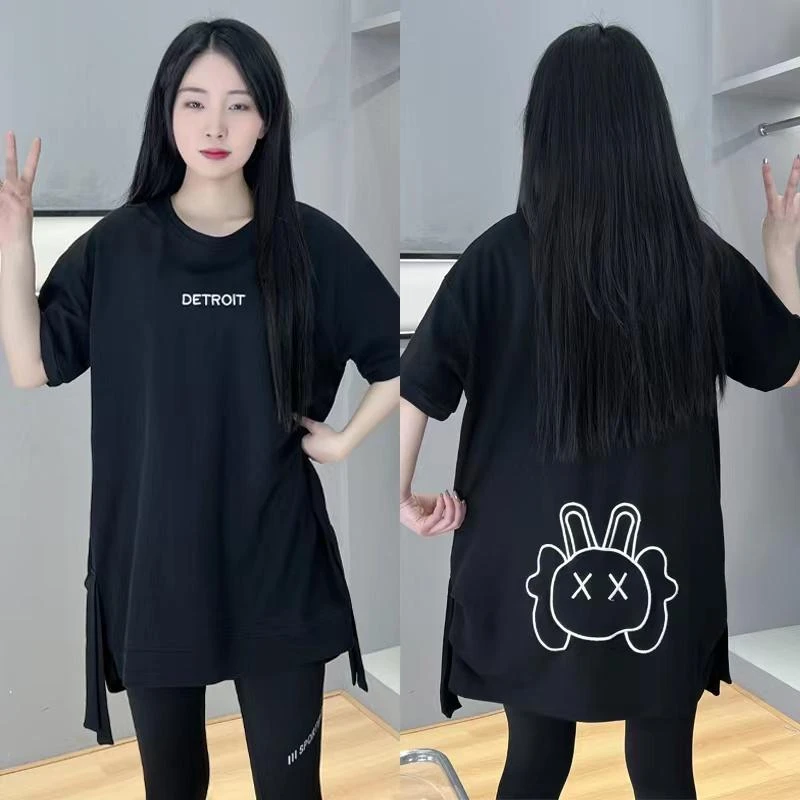 印花短袖t恤女士中长款夏季2024新款时尚宽松字母休闲显瘦上衣