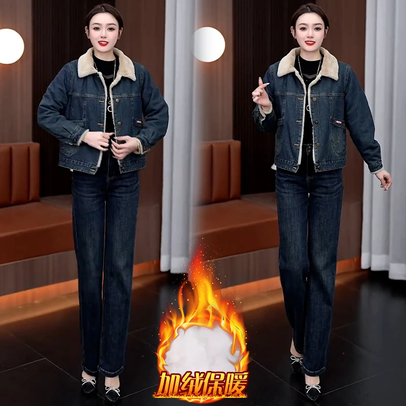 小个子加绒加厚牛仔短外套女2024年冬季新款时尚宽松保暖夹克上衣