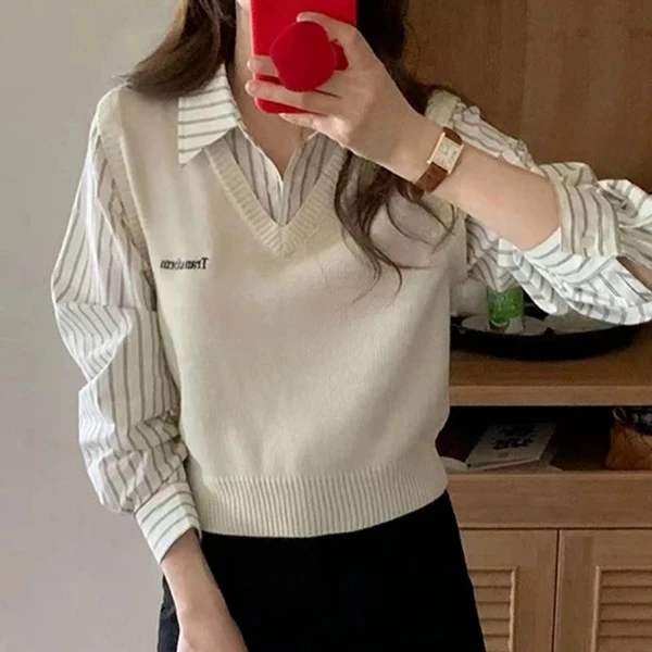 假两件学院风马甲拼接衬衫女2025春秋新款小个子洋气针织短款上衣