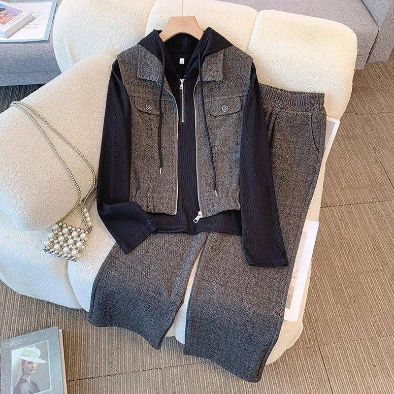 2025春秋季新款休闲套装女洋气减龄妈妈装连帽卫衣马甲裤子三件套