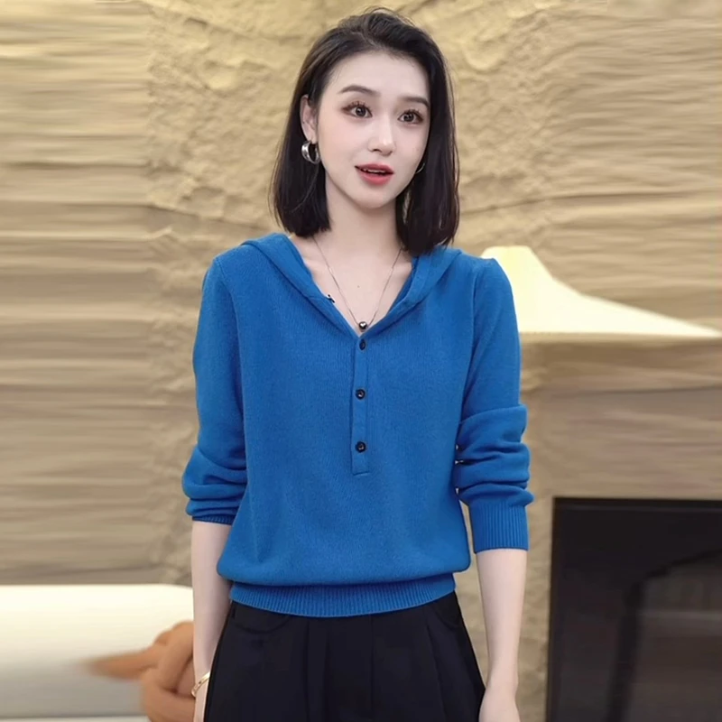 时尚高级感长袖针织衫女2025春季新款洋气百搭时髦小个子连帽上衣