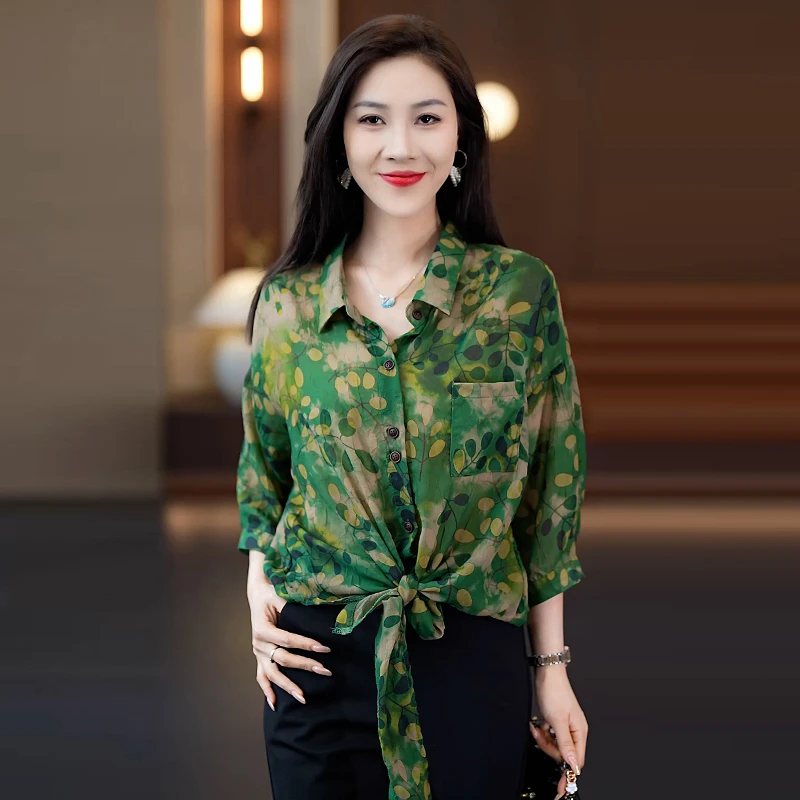 设计感蝙蝠袖衬衫女士气质上衣2024夏季新款时尚休闲花色百搭衬衣