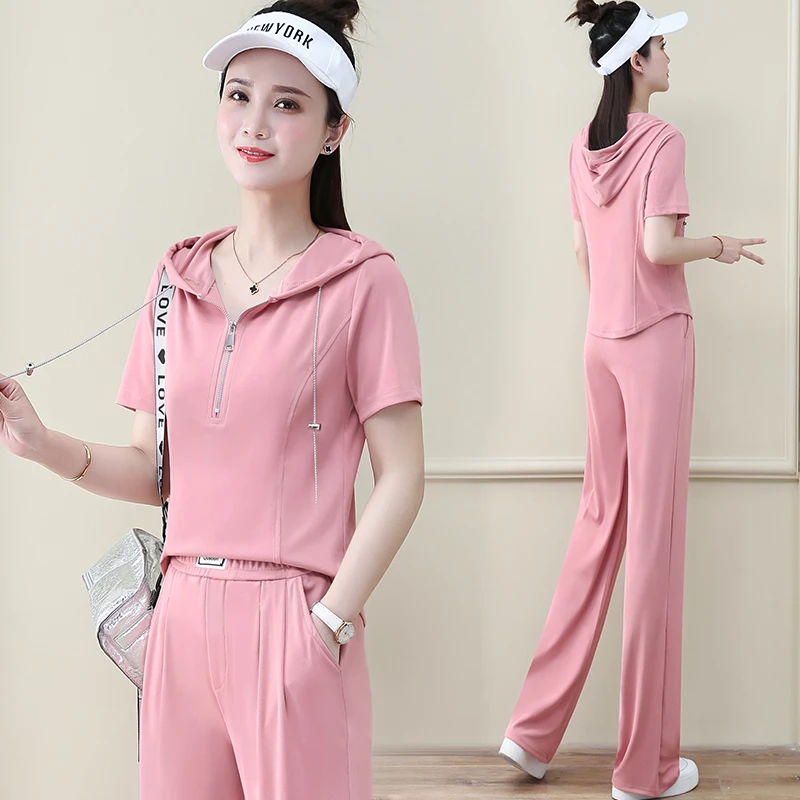 时尚连帽休闲运动服套装女2023夏季新款洋气减龄短袖阔腿裤两件套