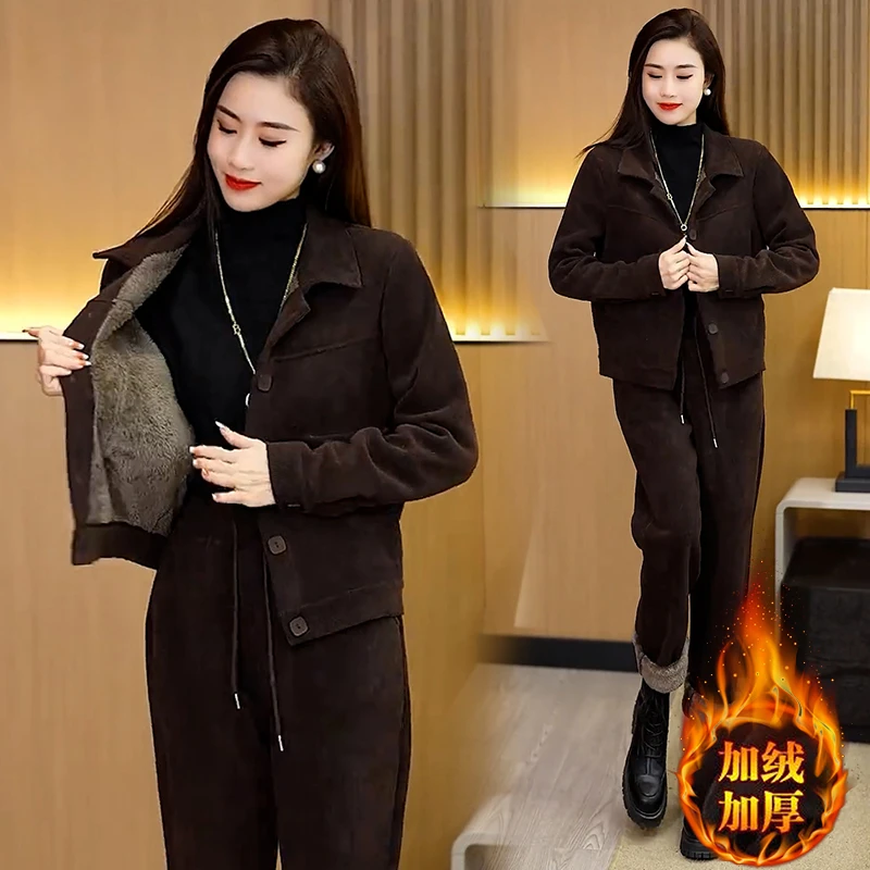 加绒加厚2023年秋冬季新款显高显瘦韩版高级感时尚减龄运动服套装
