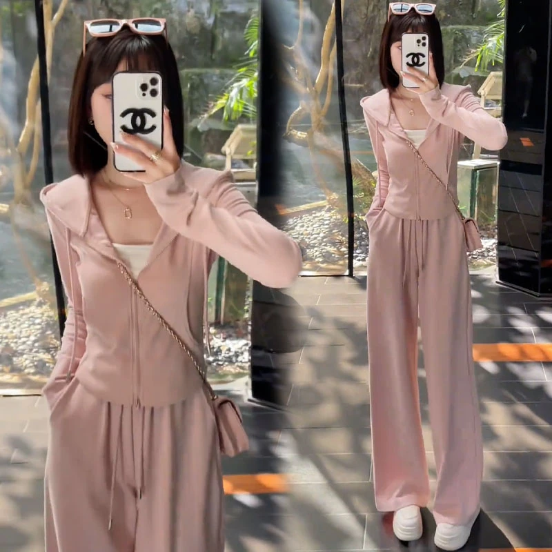 含棉时尚运动服套装女2026年春秋季新款休闲连帽卫衣阔腿裤两件套