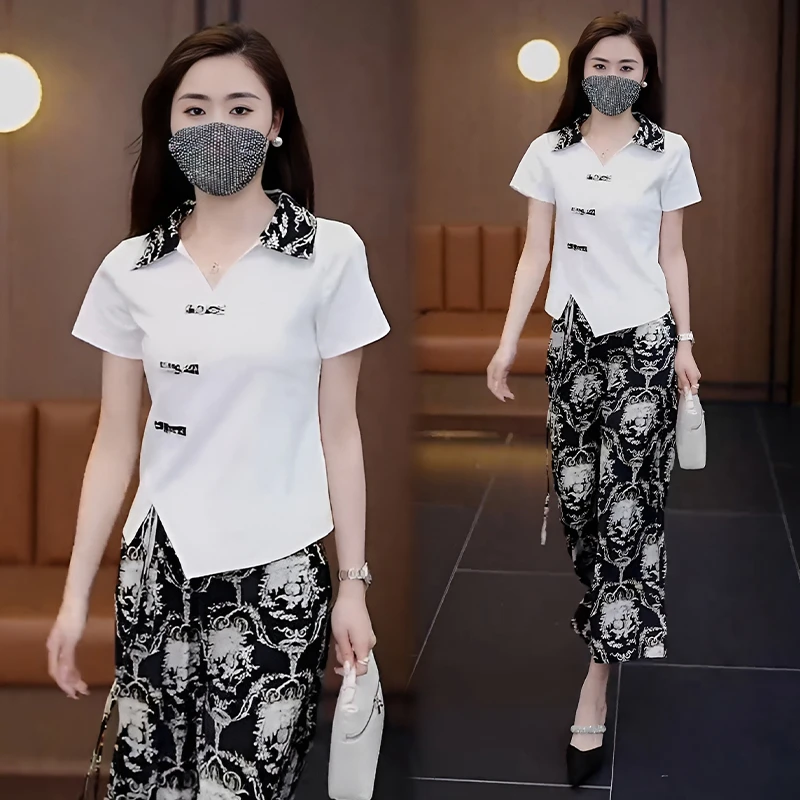 中国风盘扣短袖套装女2024年夏季新款时尚气质印花阔腿裤裙两件套