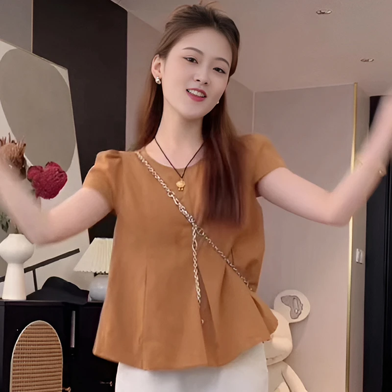 法式时尚圆领设计感短袖衬衫女2024年夏季新款气质宽松显瘦衬衣