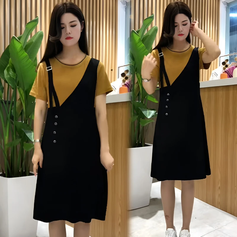 2024年夏季新款韩版高档假两件时尚洋气拼接休闲宽松显瘦连衣裙女