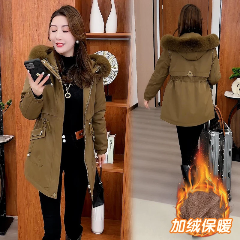 加绒加厚连帽棉服女士派克服秋冬装2025年新款中长款棉衣保暖外套