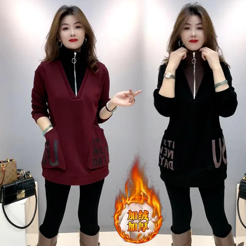 高含棉加绒加厚洋气质卫衣女2025年冬季新款宽松大口袋中长款上衣