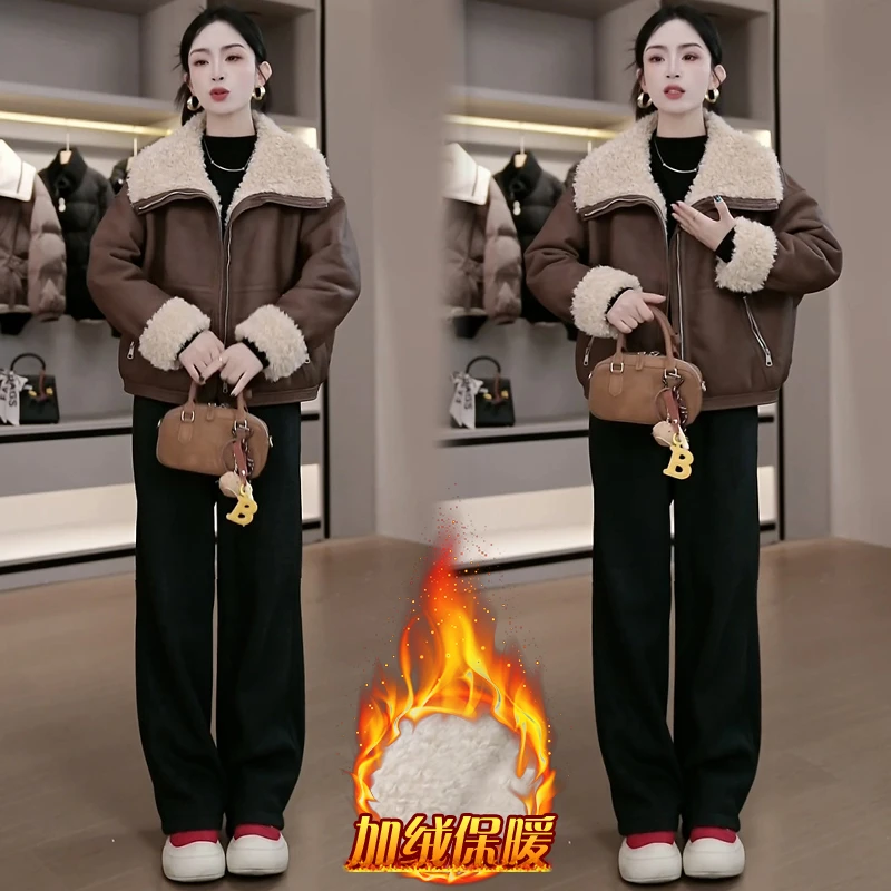 韩系皮毛一体短外套女2024年冬季新款高级感宽松加绒加厚保暖上衣