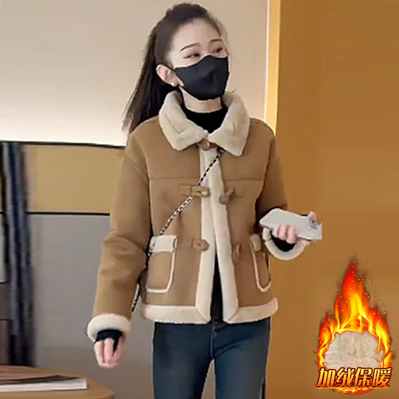 加绒加厚皮毛一体短外套女2025年冬季新款小个子时尚百搭羊羔上衣