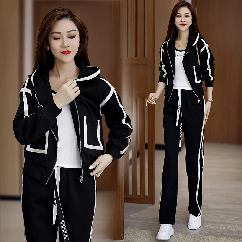 高含棉休闲运动服套装女2025年春秋新款时尚洋气显瘦阔腿裤两件套