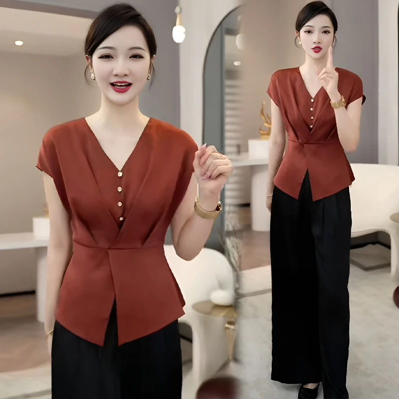 时尚气质高级感v领简约女士衬衫2024年夏季新款小众别致收腰衬衣