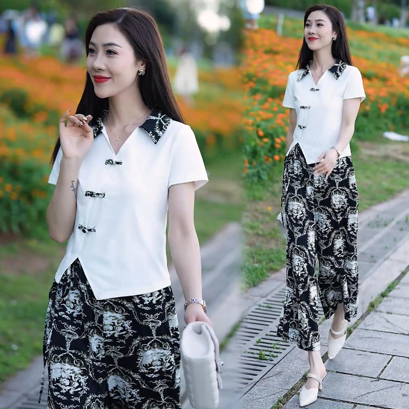 复古国风套装女2024年夏季款不规则收腰显瘦上衣印花阔腿裤两件套
