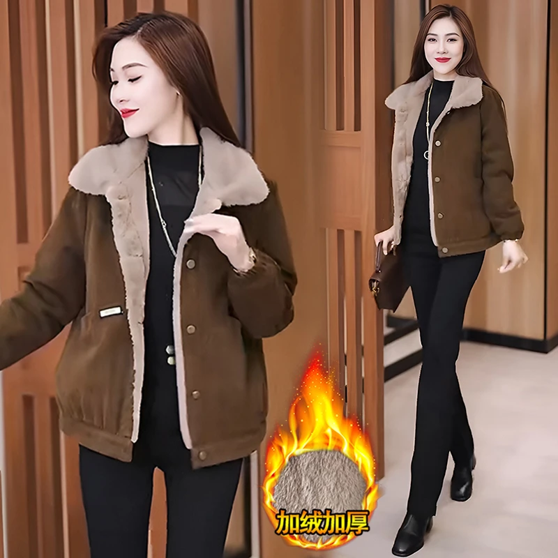 加绒加厚时尚外套女2025年秋冬季宽松洋气百搭翻领小个子保暖棉衣