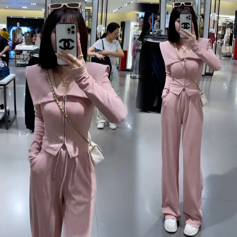 休闲时尚运动服套装女2025春秋新款翻领修身收腰卫衣阔腿裤两件套