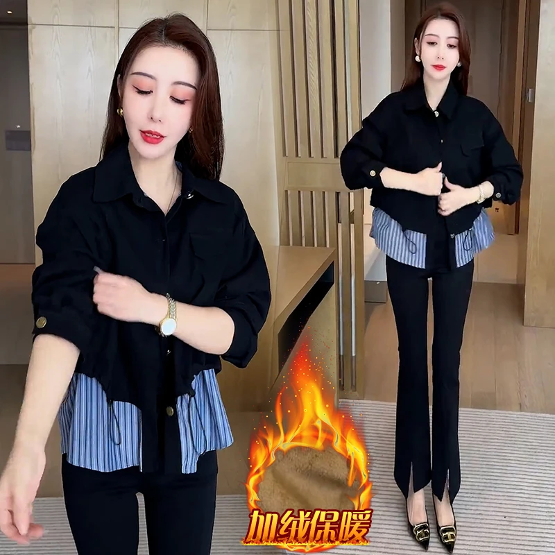 纯棉加绒加厚假两件条纹拼接短外套女2024年秋冬新款百搭夹克上衣