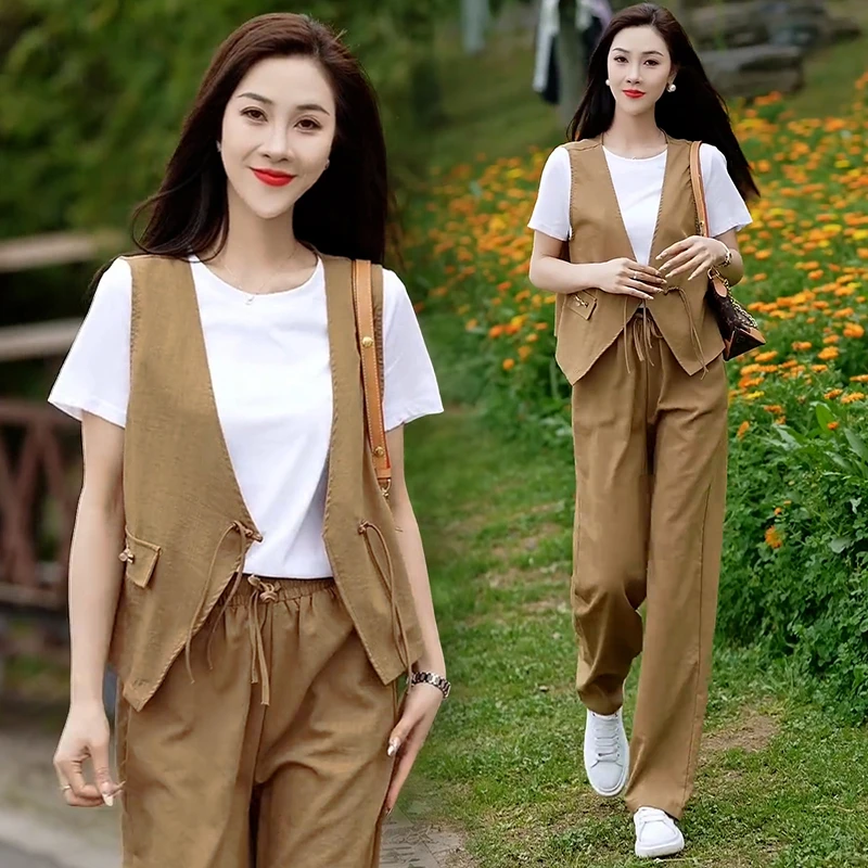 高级感时尚国风盘扣套装女2024年春夏季新款马甲短袖阔腿裤三件套
