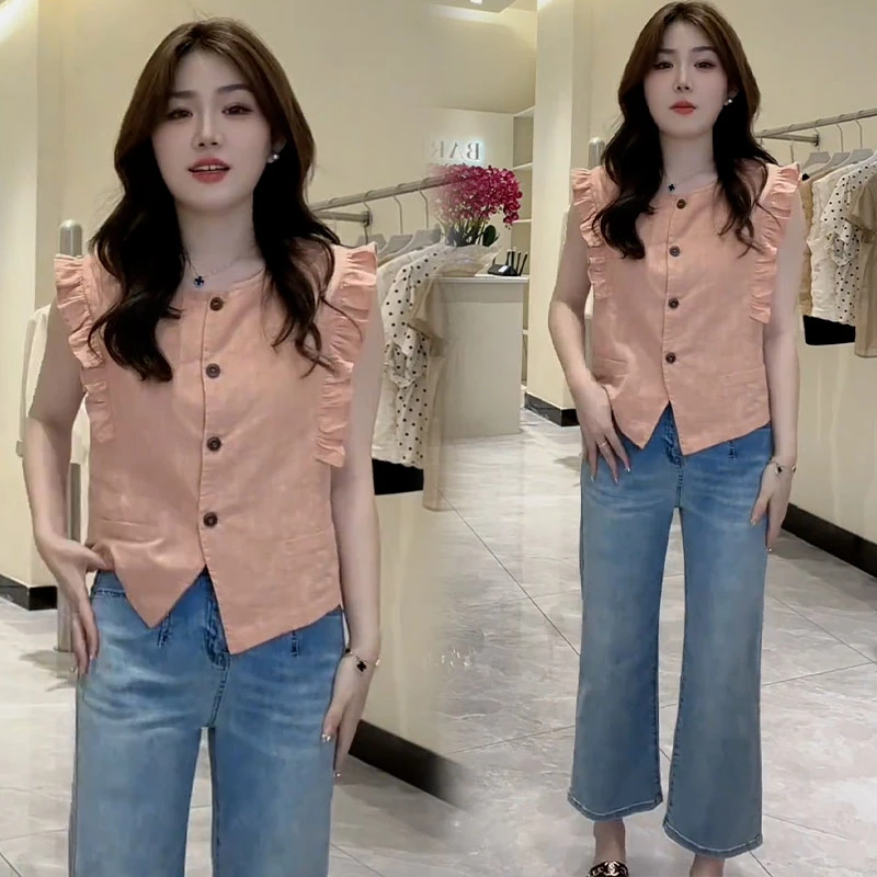 休闲木耳边短袖衬衫女2024年夏季新款时尚小衫修身显瘦气质上衣