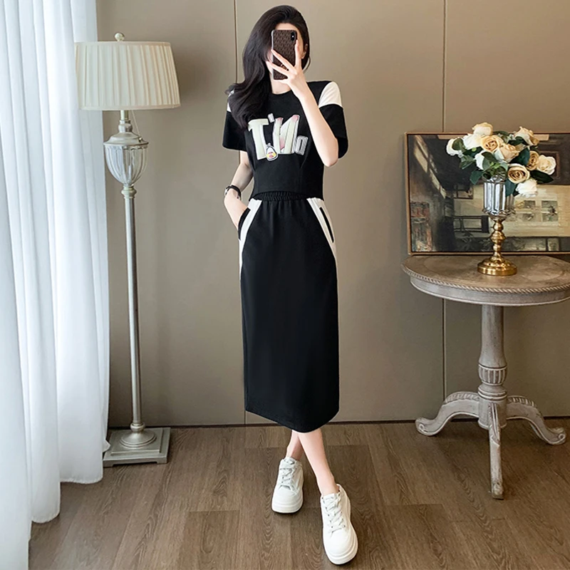 休闲运动服套装女2024年夏季新款时尚显瘦短袖上衣半身裙两件套潮