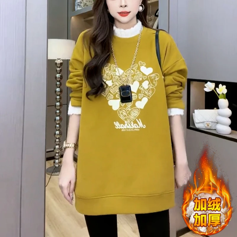 加绒加厚高含棉爱心印花卫衣女2025冬季新款设计感减龄中长款上衣