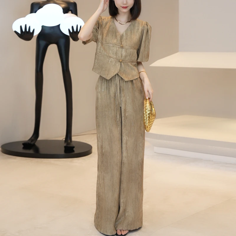 时尚气质套装女2024年夏季新款洋气减龄短袖上衣高腰阔腿裤两件套