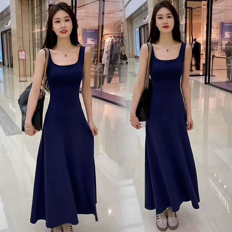 无袖连衣裙女2024年夏季新款韩版时尚百搭简约收腰显瘦背心长裙子