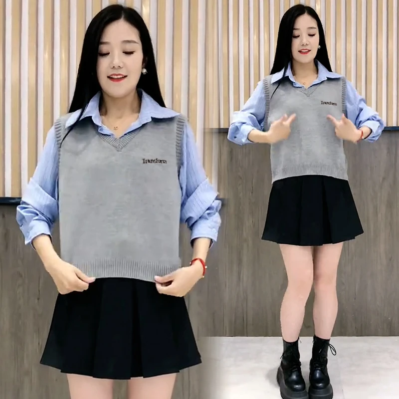 时尚减龄polo领长袖衬衫女2025年春秋新款小个子韩版假两件上衣潮