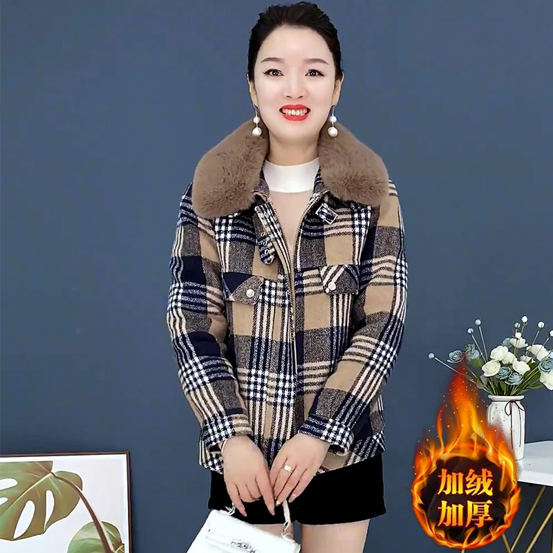 加绒加厚时尚洋气格子外套女冬季2023年新款宽松百搭大码休闲上衣