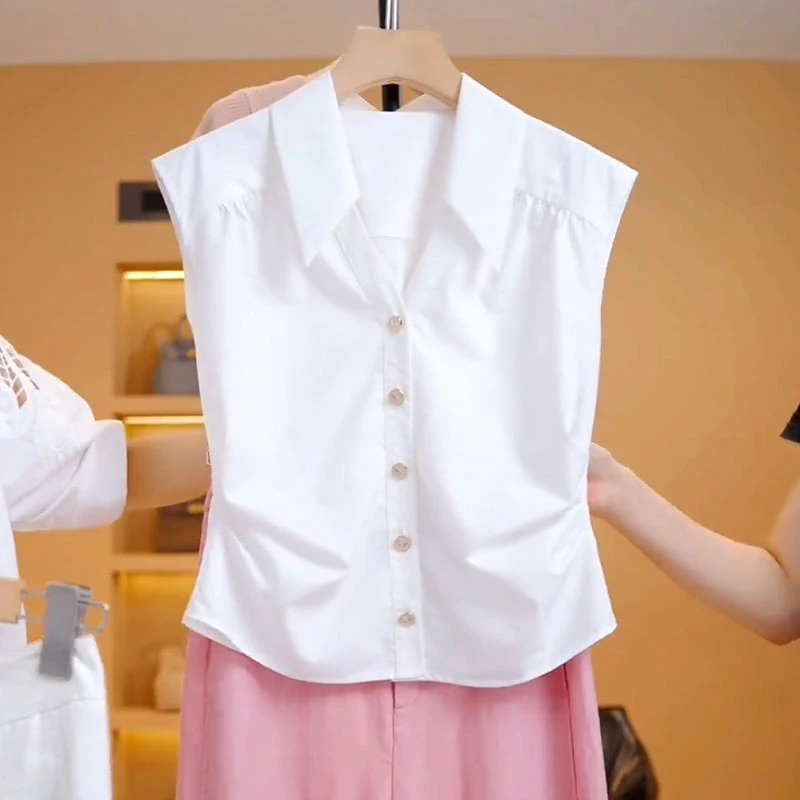 时尚休闲无袖V领衬衫女2024年夏季新款洋气百搭背心衬衣显瘦上衣