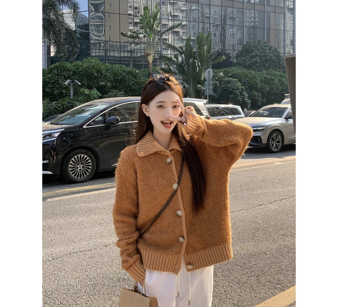 b秋冬韩版宽松慵懒风百搭设计感拼接圈圈纱开衫女上衣外套9961