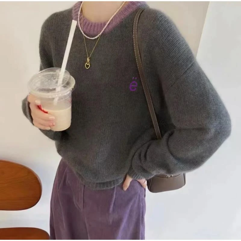 18801/秋冬圆领宽松设计刺绣韩版针织网红慵懒风打底衫套头女上衣