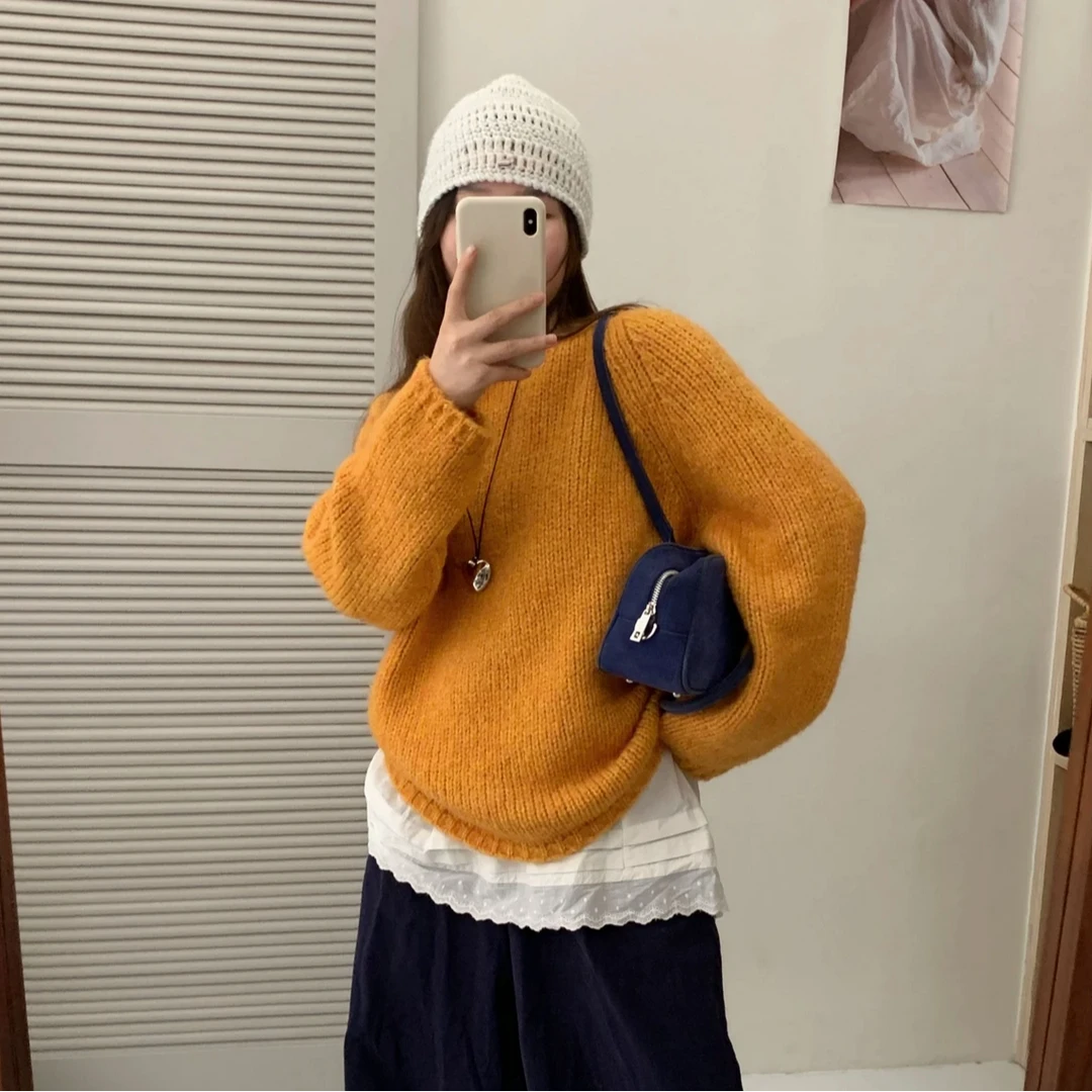 18802/韩系秋冬季慵懒宽松大圆领套头保暖毛衣糖果色针织衫上衣女