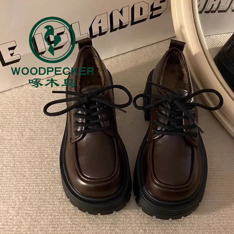 啄木鸟英伦风系带小皮鞋女2025春秋季新款复古小个子松糕厚底单鞋