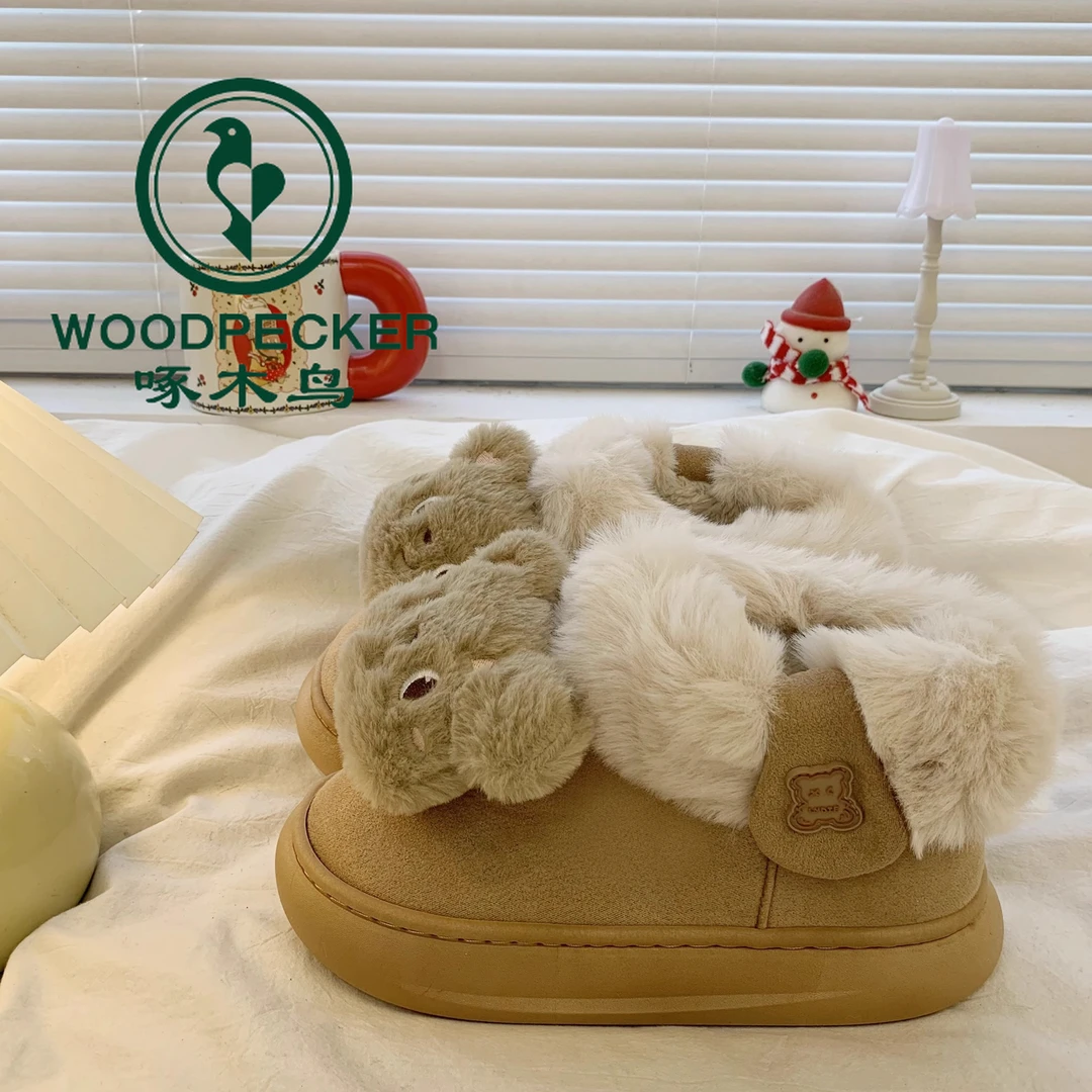 啄木鸟卡通可爱厚底雪地靴女2024冬加绒加厚保暖皮毛一体东北棉鞋