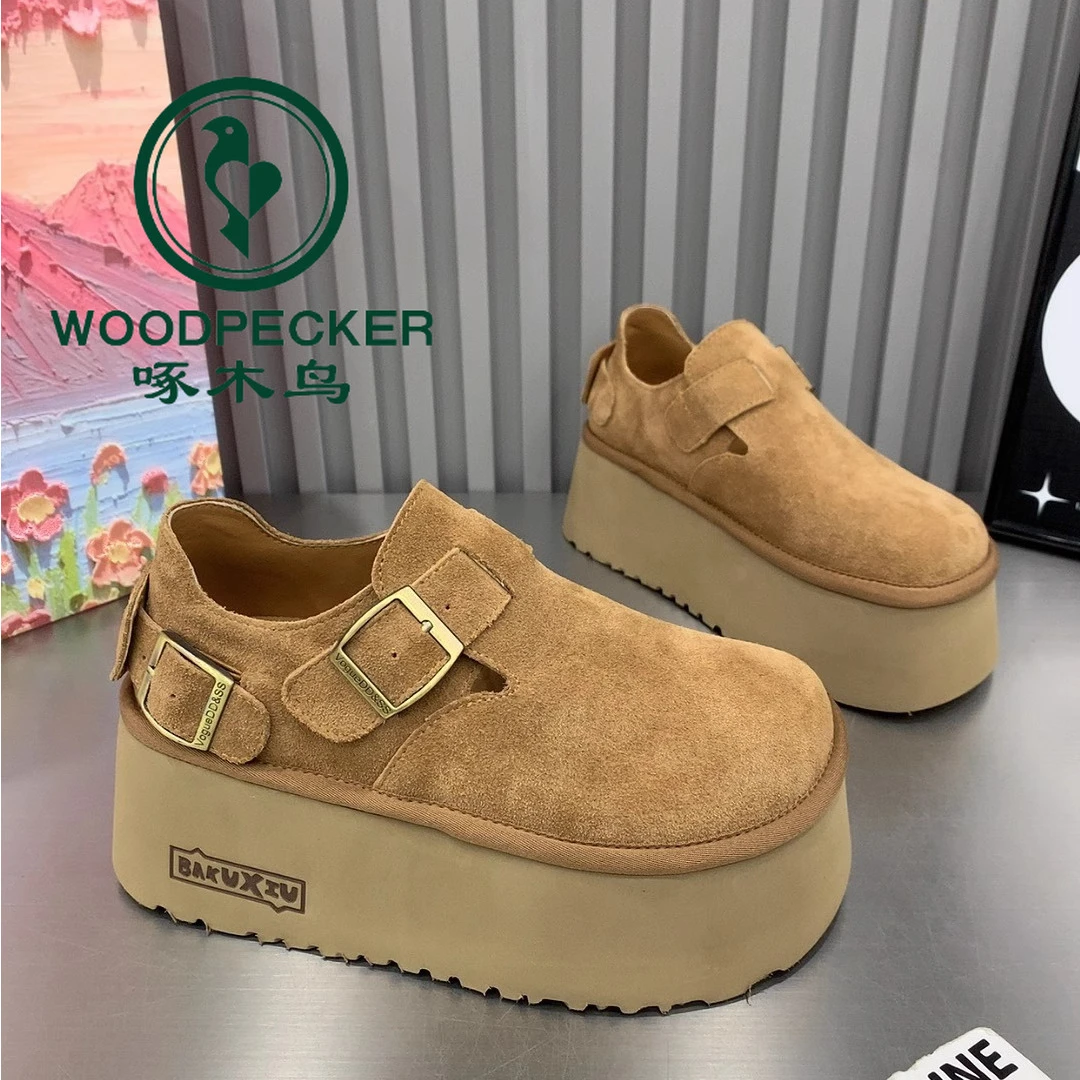 啄木鸟磨砂皮懒人鞋2024秋季新款松糕厚底复古大头丑萌休闲勃肯鞋