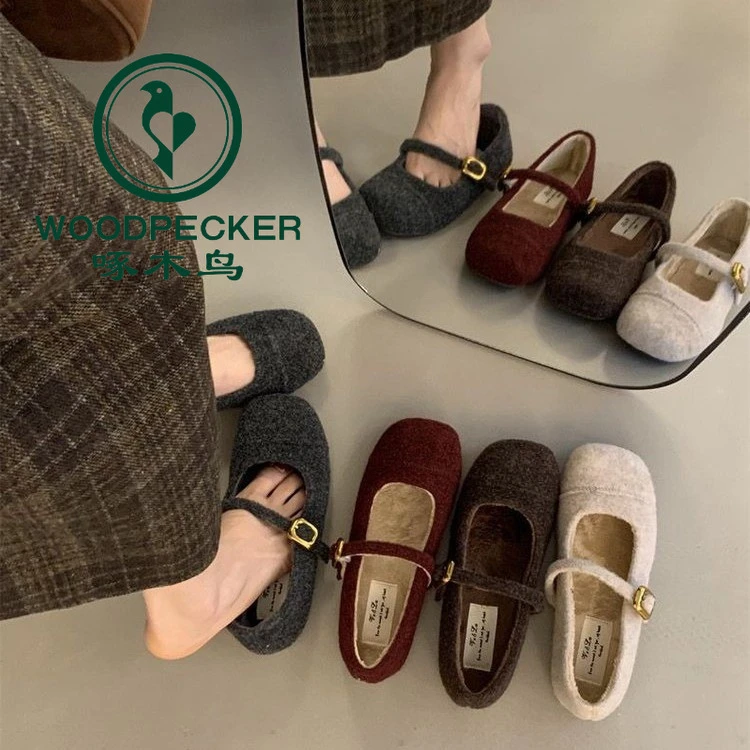 啄木鸟洋气毛毛鞋女外穿2024秋冬新款法式复古平底玛丽珍保暖单鞋