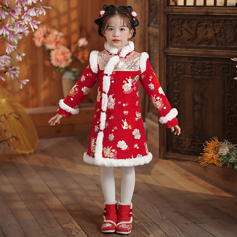女童旗袍冬季2024新款女孩拜年服公主裙子儿童冬款汉服唐装连衣裙