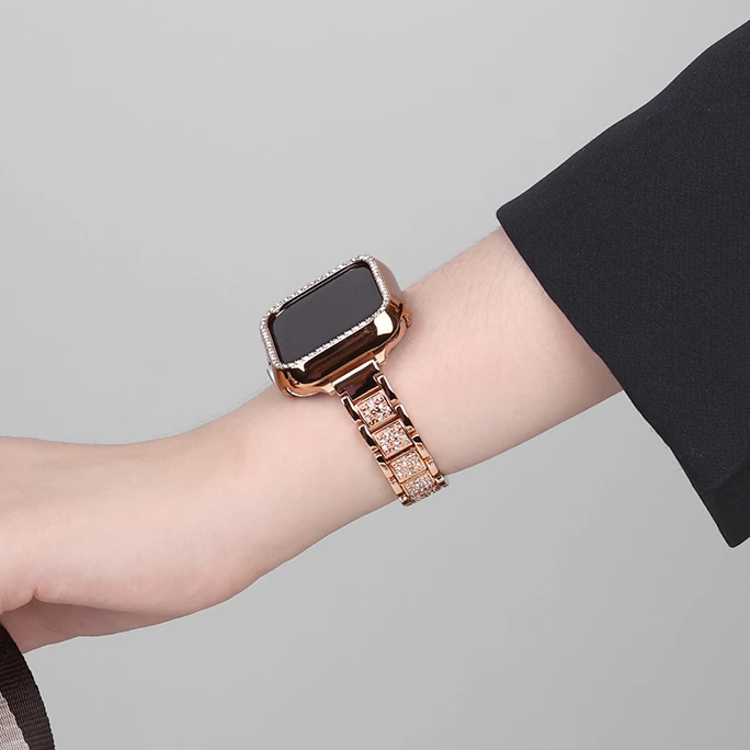 适用s9苹果手表带高级金属镶钻表带手链applewatch87654321代se
