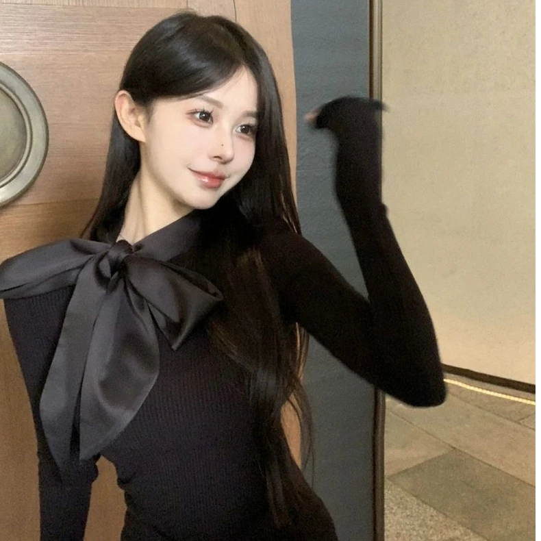 2024秋冬新款法式心机气质T恤黑色蝴蝶结修身内搭打底上衣女装潮