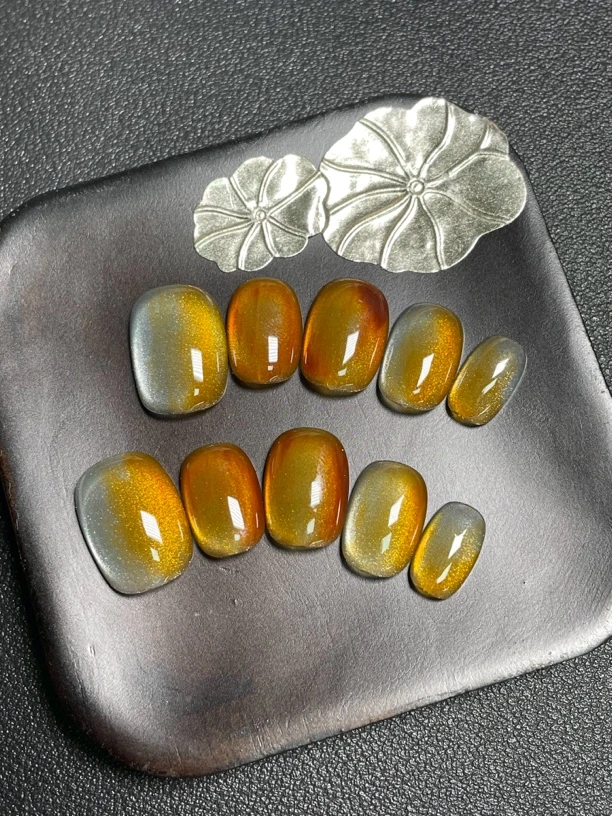 【落日余晖】短款美甲黄色玛瑙水晶猫眼手工穿戴甲晕染美甲短短款